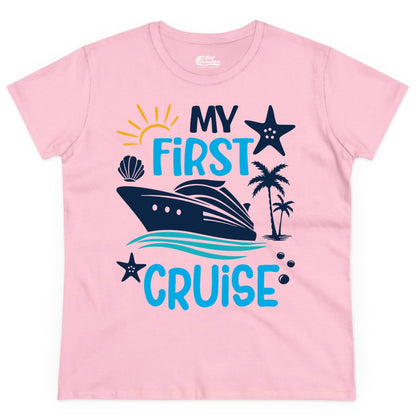 My First Cruise Shirt - Tropical Cruise Vacation Apparel for Families (Ladies Tee) in Light Pink - My First Cruise Shirt - Tropical Family Adventure with Playful Icons