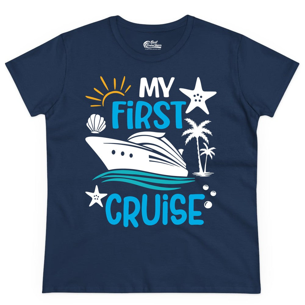 My First Cruise Shirt - Tropical Cruise Vacation Apparel for Families (Ladies Tee) in Navy - My First Cruise Shirt - Tropical Family Adventure with Playful Icons