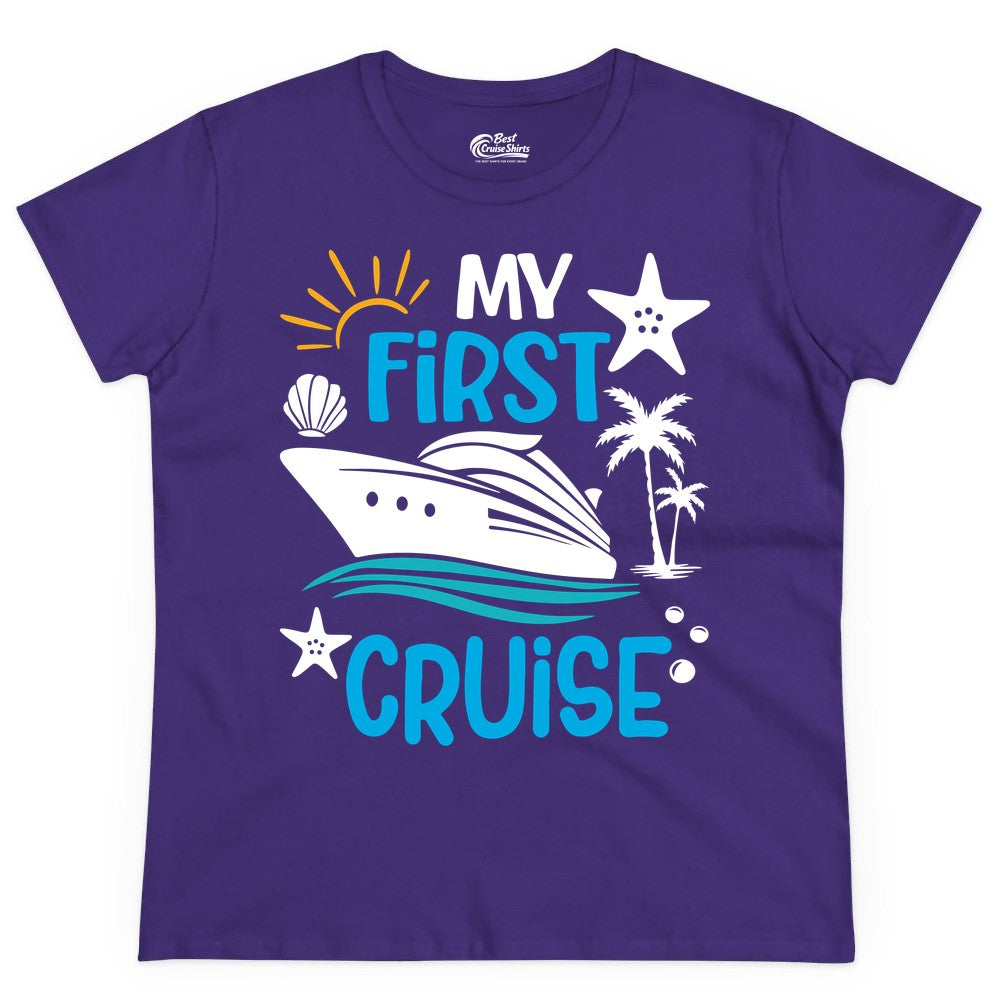 My First Cruise Shirt - Tropical Cruise Vacation Apparel for Families (Ladies Tee) in Purple - My First Cruise Shirt - Tropical Family Adventure with Playful Icons