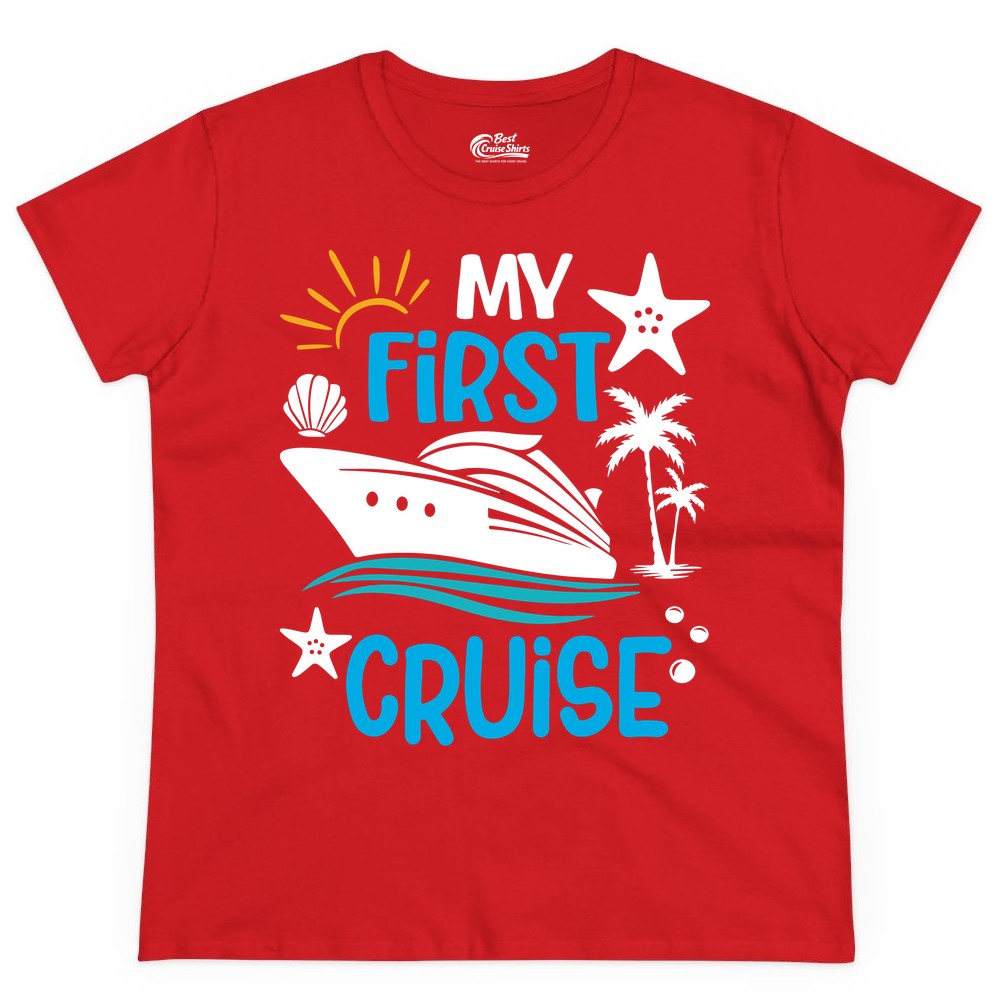 My First Cruise Shirt - Tropical Cruise Vacation Apparel for Families (Ladies Tee) in Red - My First Cruise Shirt - Tropical Family Adventure with Playful Icons