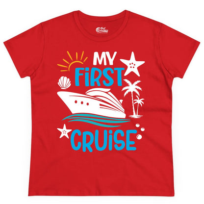 My First Cruise Shirt - Tropical Cruise Vacation Apparel for Families (Ladies Tee) in Red - My First Cruise Shirt - Tropical Family Adventure with Playful Icons