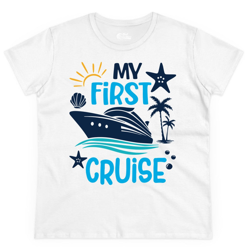 My First Cruise Shirt - Tropical Cruise Vacation Apparel for Families (Ladies Tee) in White - My First Cruise Shirt - Tropical Family Adventure with Playful Icons