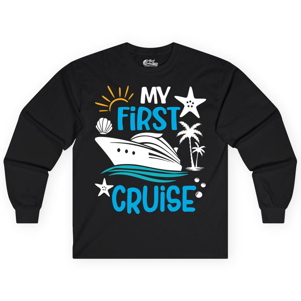 My First Cruise Shirt - Tropical Cruise Vacation Apparel for Families (Long Sleeve) in Black - My First Cruise Shirt - Tropical Family Adventure with Playful Icons