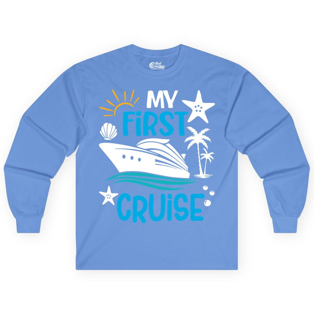 My First Cruise Shirt - Tropical Cruise Vacation Apparel for Families (Long Sleeve) in Carolina Blue - My First Cruise Shirt - Tropical Family Adventure with Playful Icons