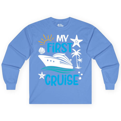 My First Cruise Shirt - Tropical Cruise Vacation Apparel for Families (Long Sleeve) in Carolina Blue - My First Cruise Shirt - Tropical Family Adventure with Playful Icons