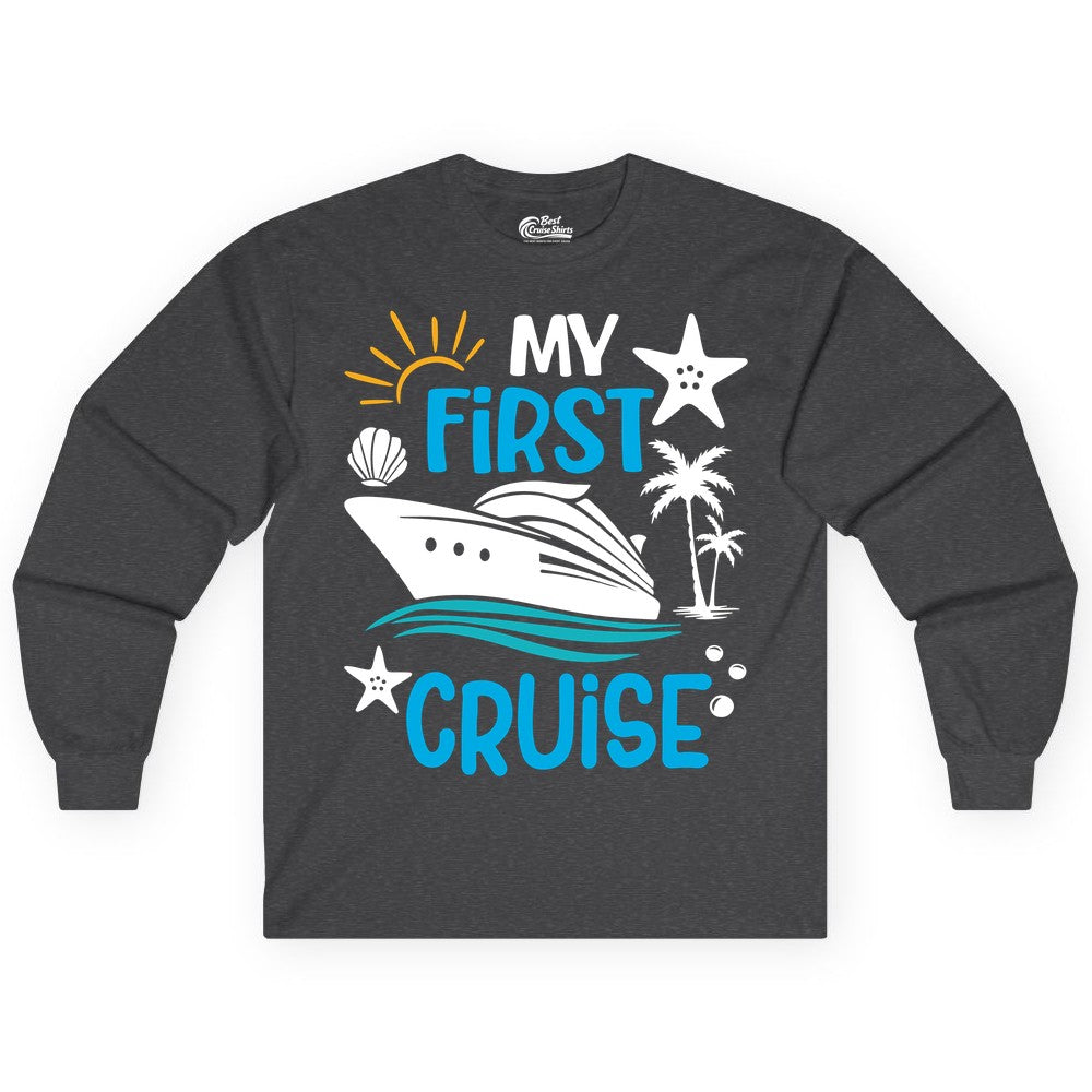 My First Cruise Shirt - Tropical Cruise Vacation Apparel for Families (Long Sleeve) in Dark Heather - My First Cruise Shirt - Tropical Family Adventure with Playful Icons