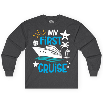 My First Cruise Shirt - Tropical Cruise Vacation Apparel for Families (Long Sleeve) in Dark Heather - My First Cruise Shirt - Tropical Family Adventure with Playful Icons