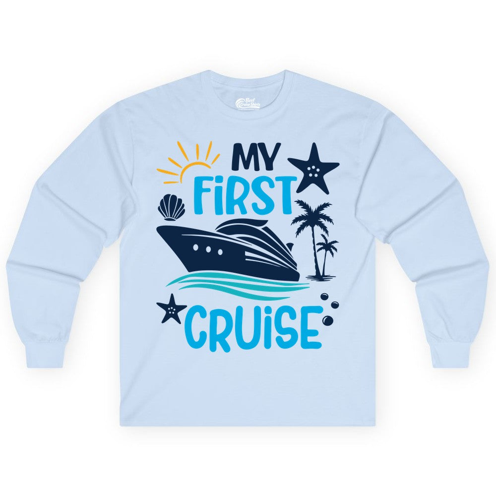 My First Cruise Shirt - Tropical Cruise Vacation Apparel for Families (Long Sleeve) in Light Blue - My First Cruise Shirt - Tropical Family Adventure with Playful Icons