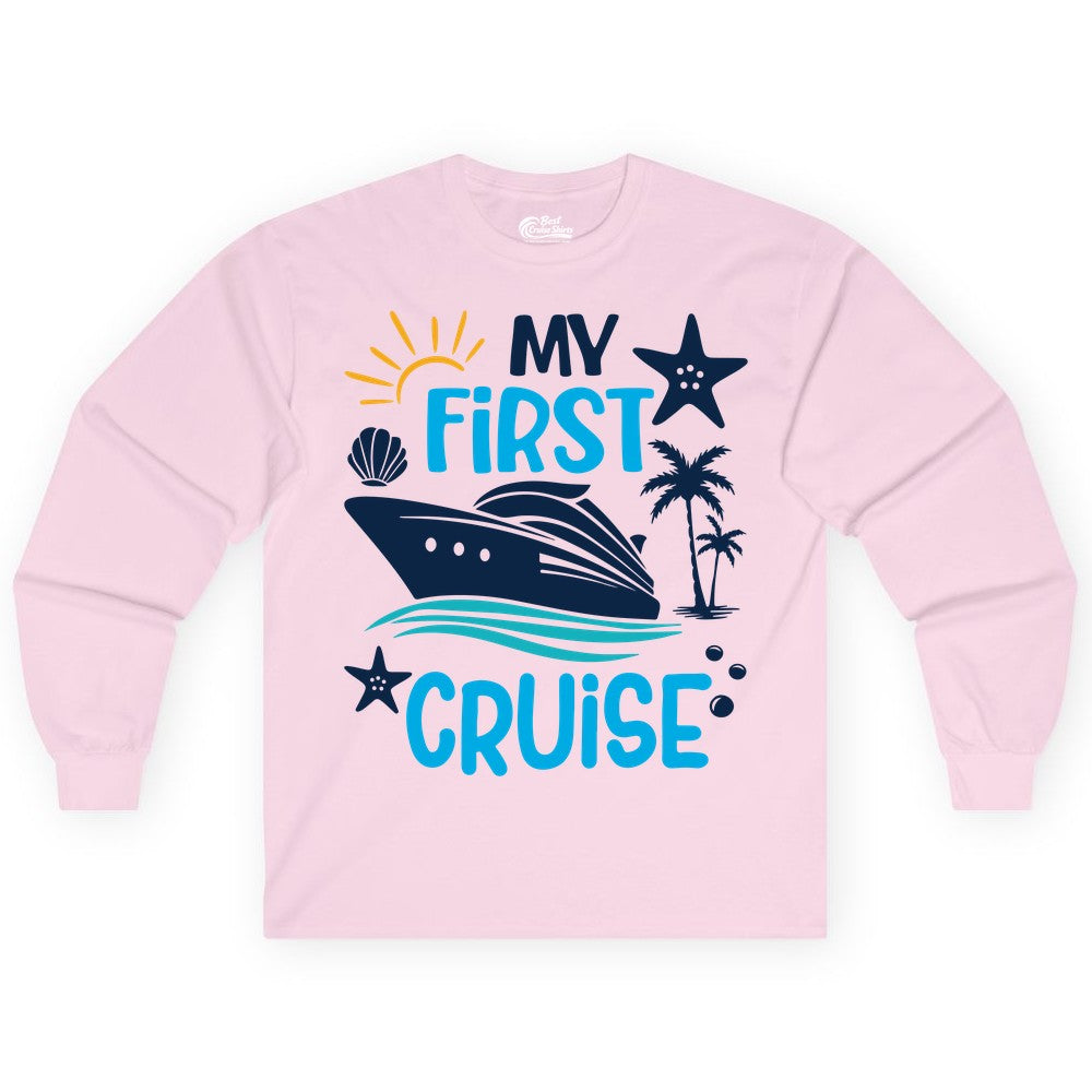 My First Cruise Shirt - Tropical Cruise Vacation Apparel for Families (Long Sleeve) in Light Pink - My First Cruise Shirt - Tropical Family Adventure with Playful Icons