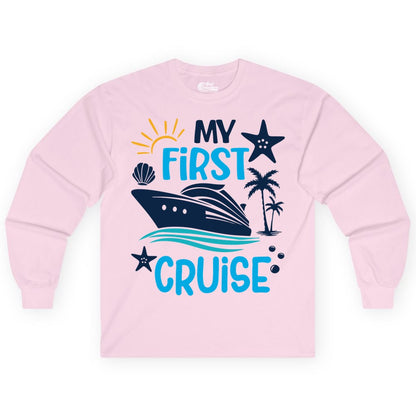 My First Cruise Shirt - Tropical Cruise Vacation Apparel for Families (Long Sleeve) in Light Pink - My First Cruise Shirt - Tropical Family Adventure with Playful Icons