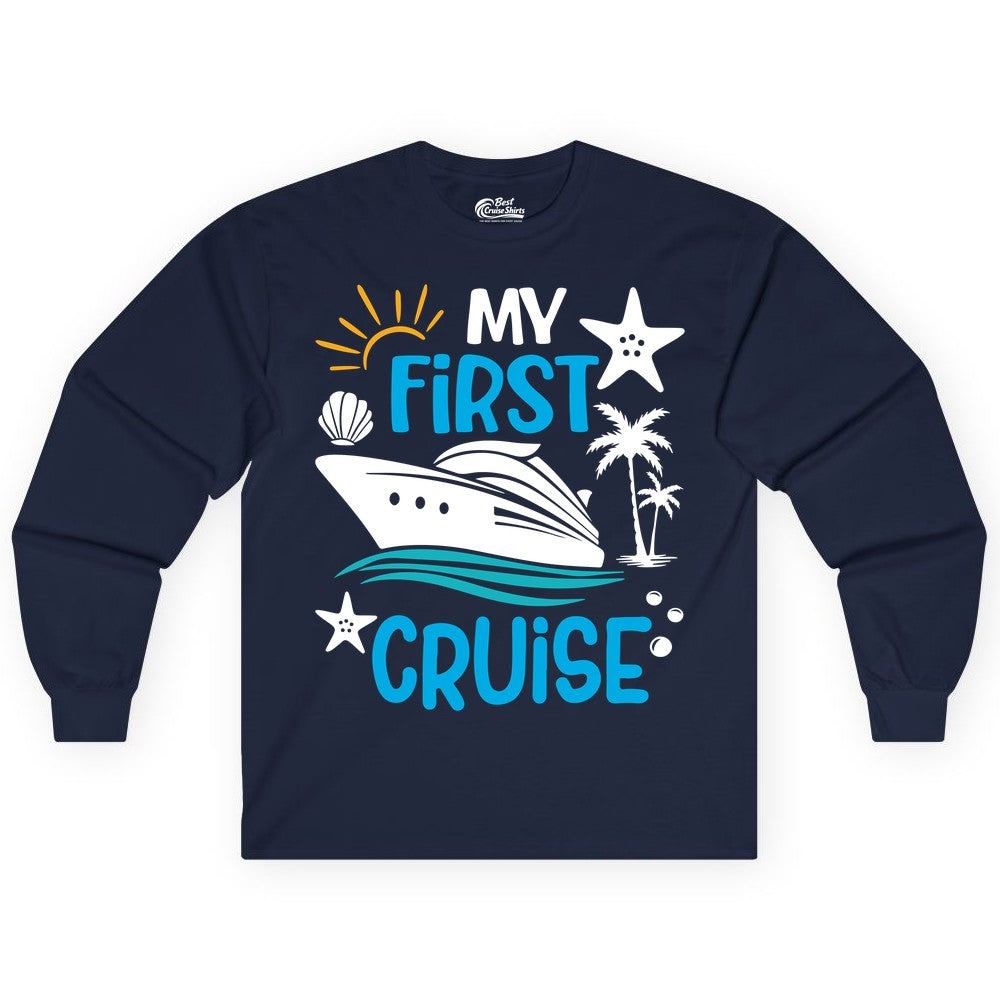 My First Cruise Shirt - Tropical Cruise Vacation Apparel for Families (Long Sleeve) in Navy - My First Cruise Shirt - Tropical Family Adventure with Playful Icons