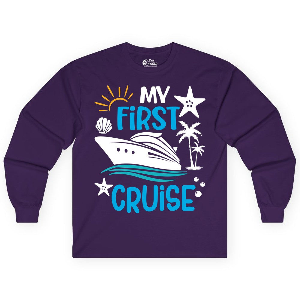 My First Cruise Shirt - Tropical Cruise Vacation Apparel for Families (Long Sleeve) in Purple - My First Cruise Shirt - Tropical Family Adventure with Playful Icons