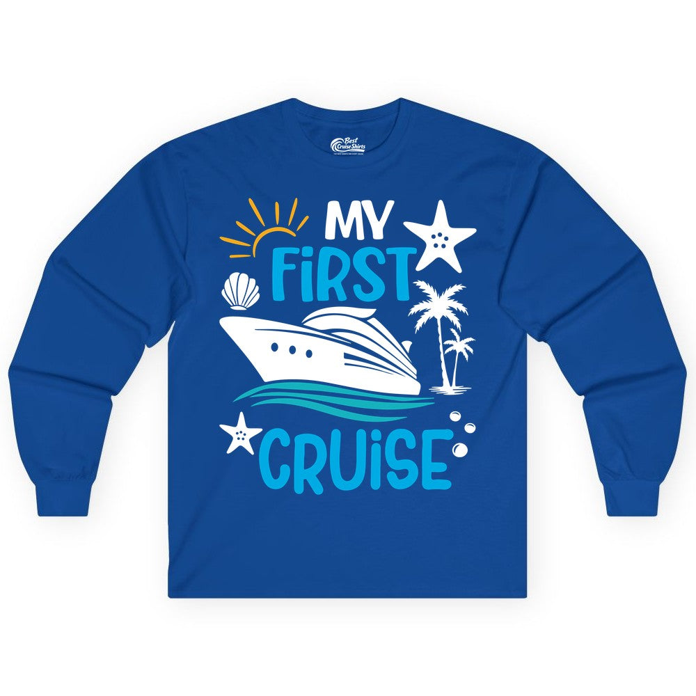 My First Cruise Shirt - Tropical Cruise Vacation Apparel for Families (Long Sleeve) in Royal - My First Cruise Shirt - Tropical Family Adventure with Playful Icons