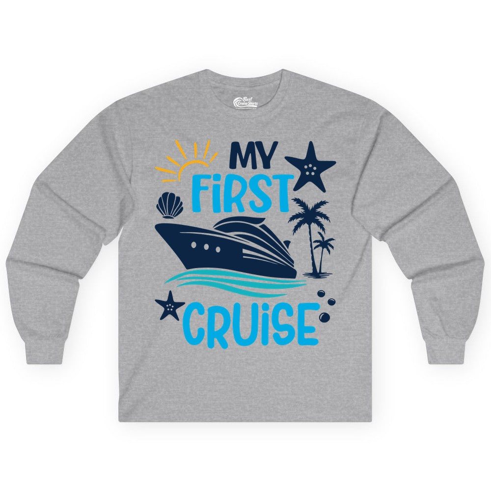 My First Cruise Shirt - Tropical Cruise Vacation Apparel for Families (Long Sleeve) in Sport Grey - My First Cruise Shirt - Tropical Family Adventure with Playful Icons