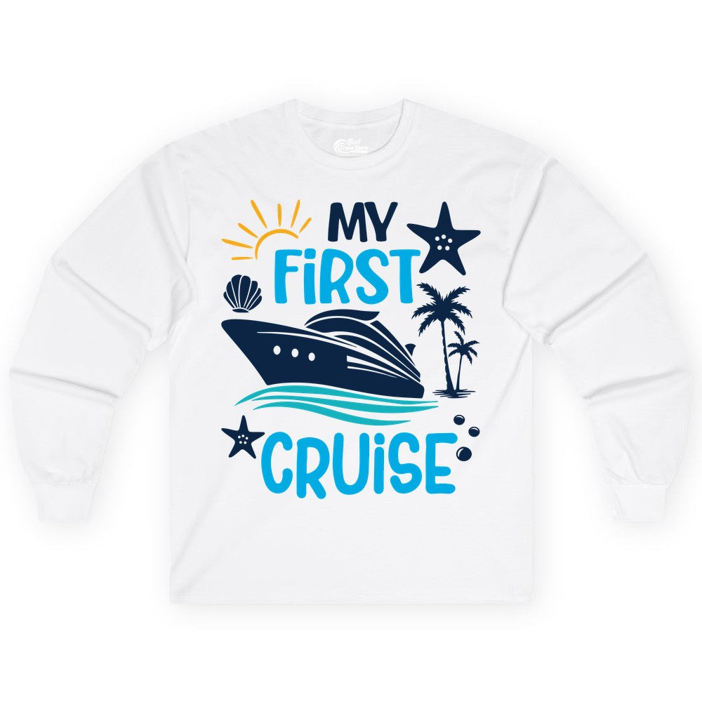 My First Cruise Shirt - Tropical Cruise Vacation Apparel for Families (Long Sleeve) in White - My First Cruise Shirt - Tropical Family Adventure with Playful Icons