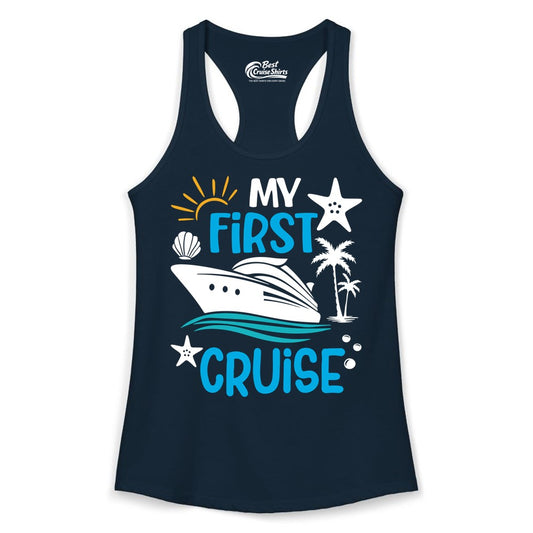 My First Cruise Shirt - Tropical Cruise Vacation Apparel for Families (Ladies Tank) in Solid Midnight Navy - My First Cruise Shirt - Tropical Family Adventure with Playful Icons