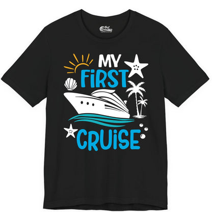 My First Cruise Shirt - Tropical Cruise Vacation Apparel for Families (Premium Tee) in Black - My First Cruise Shirt - Tropical Family Adventure with Playful Icons