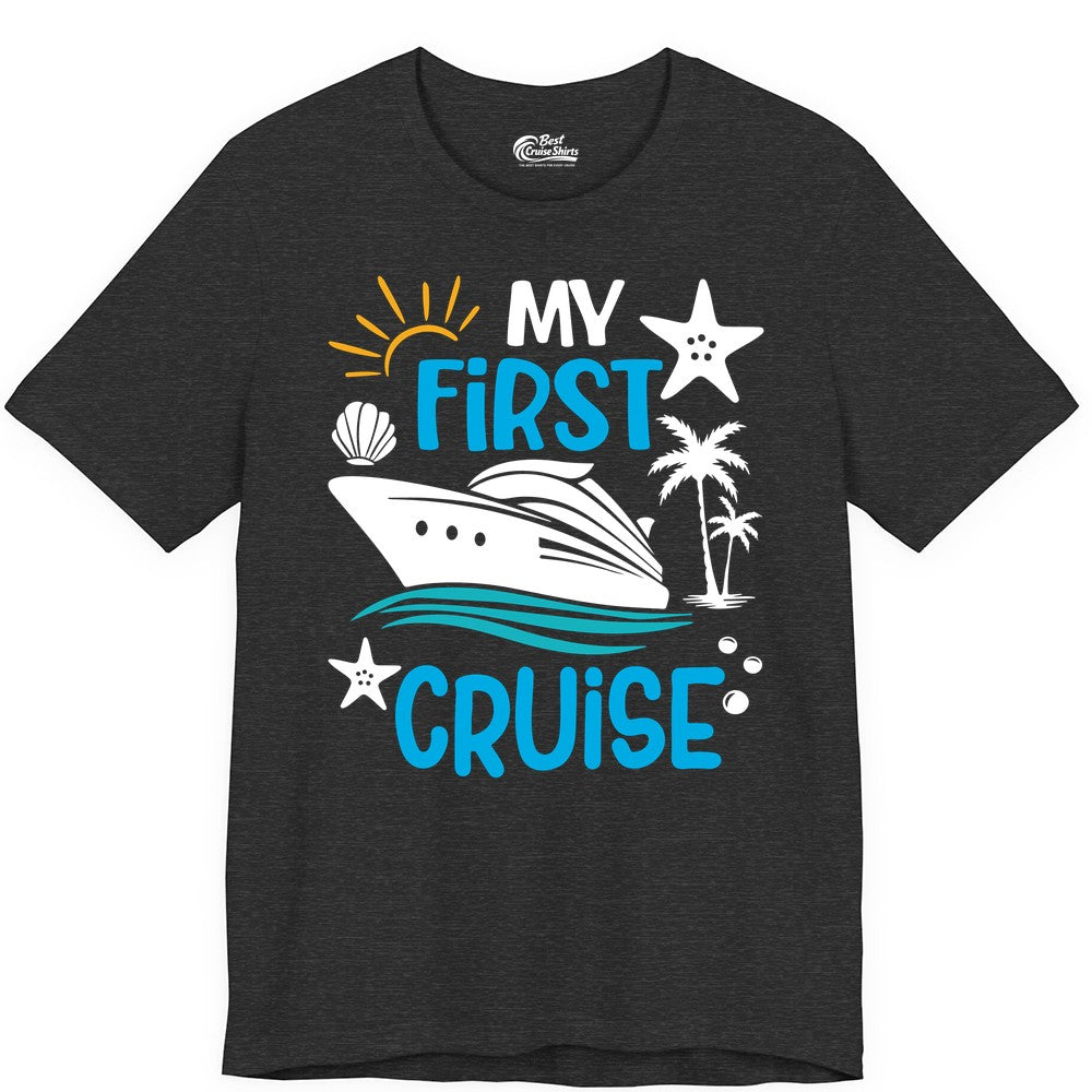My First Cruise Shirt - Tropical Cruise Vacation Apparel for Families (Premium Tee) in Dark Grey Heather - My First Cruise Shirt - Tropical Family Adventure with Playful Icons