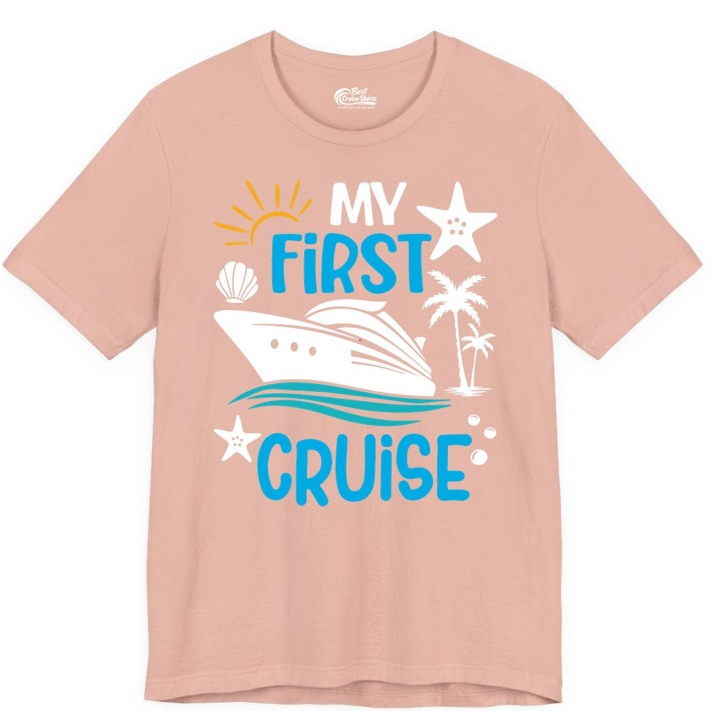 My First Cruise Shirt - Tropical Cruise Vacation Apparel for Families (Premium Tee) in Peach - My First Cruise Shirt - Tropical Family Adventure with Playful Icons