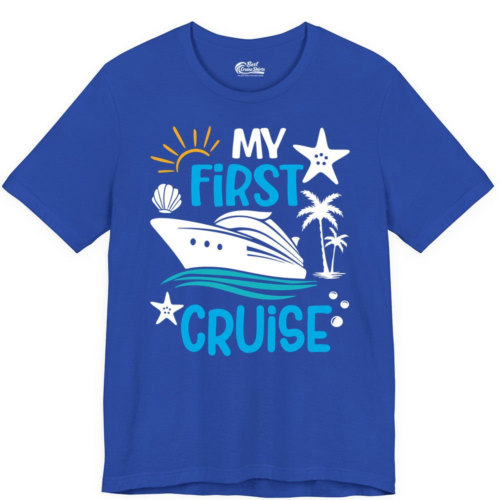 My First Cruise Shirt - Tropical Cruise Vacation Apparel for Families (Premium Tee) in True Royal - My First Cruise Shirt - Tropical Family Adventure with Playful Icons