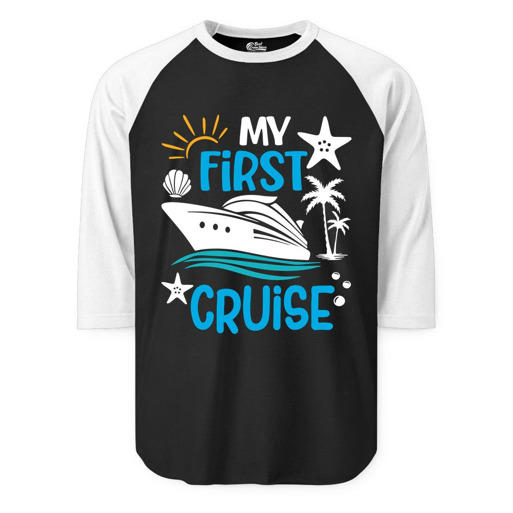 My First Cruise Shirt - Tropical Cruise Vacation Apparel for Families (Raglan) in BlackWhite - My First Cruise Shirt - Tropical Family Adventure with Playful Icons