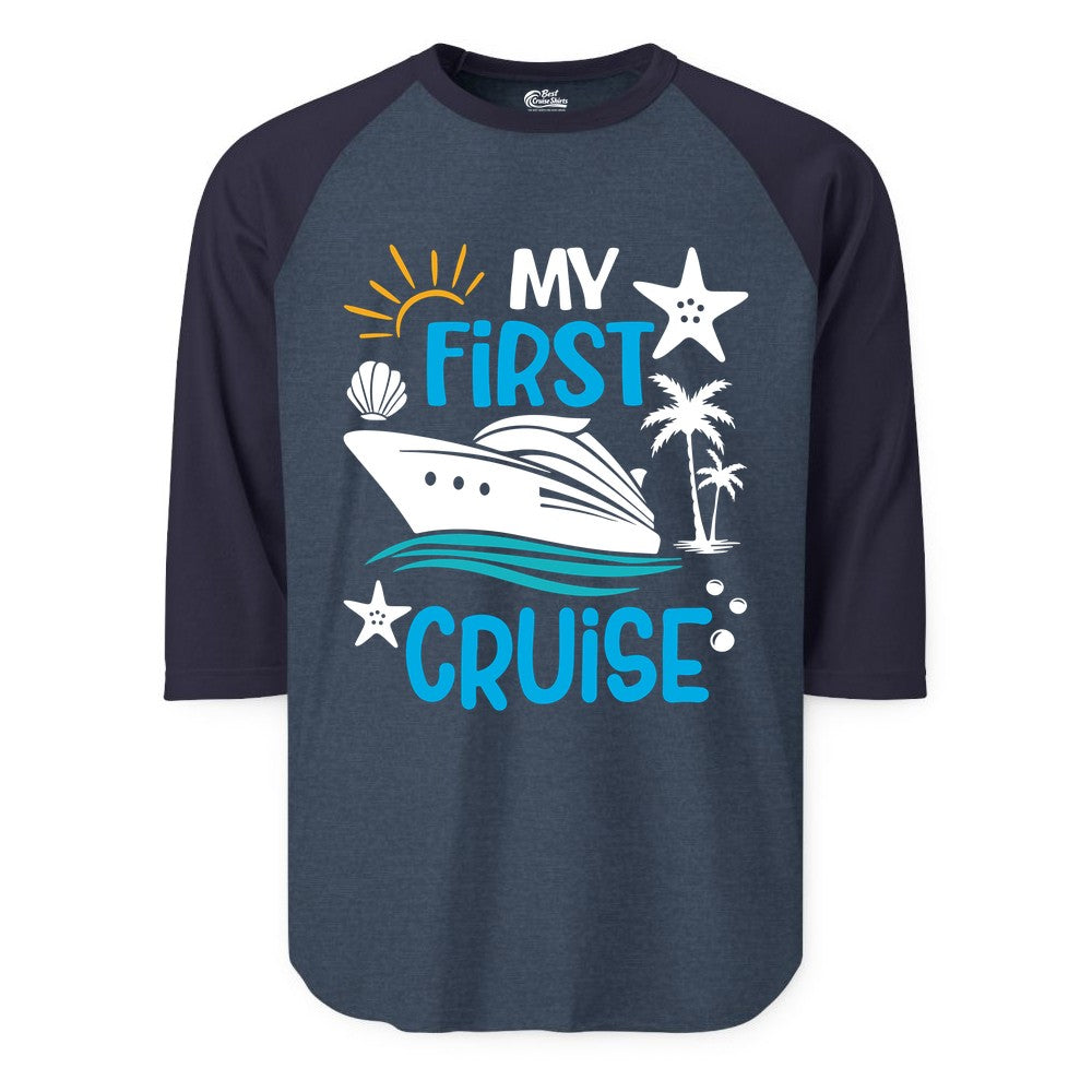 My First Cruise Shirt - Tropical Cruise Vacation Apparel for Families (Raglan) in Heather DenimNavy - My First Cruise Shirt - Tropical Family Adventure with Playful Icons