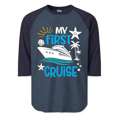 My First Cruise Shirt - Tropical Cruise Vacation Apparel for Families (Raglan) in Heather DenimNavy - My First Cruise Shirt - Tropical Family Adventure with Playful Icons