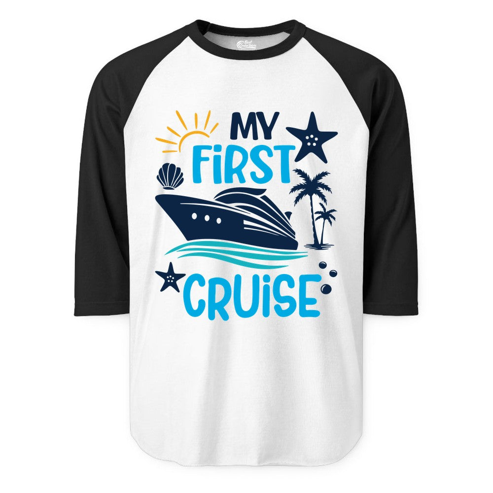 My First Cruise Shirt - Tropical Cruise Vacation Apparel for Families (Raglan) in WhiteBlack - My First Cruise Shirt - Tropical Family Adventure with Playful Icons