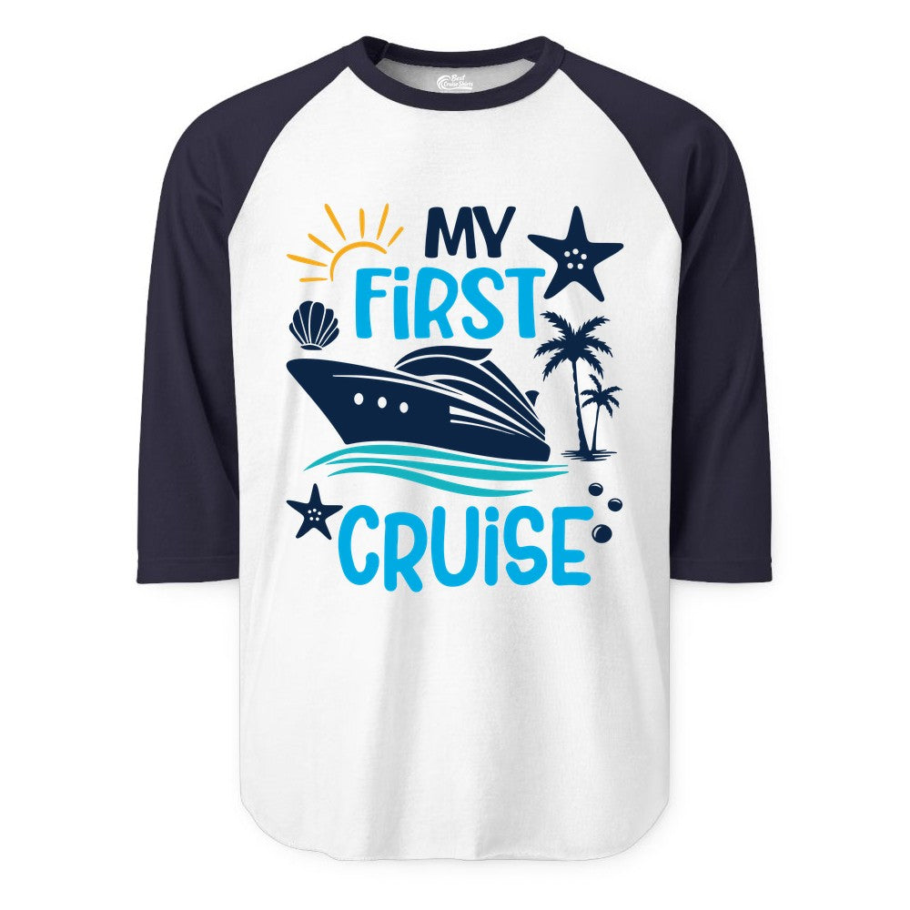 My First Cruise Shirt - Tropical Cruise Vacation Apparel for Families (Raglan) in WhiteNavy - My First Cruise Shirt - Tropical Family Adventure with Playful Icons