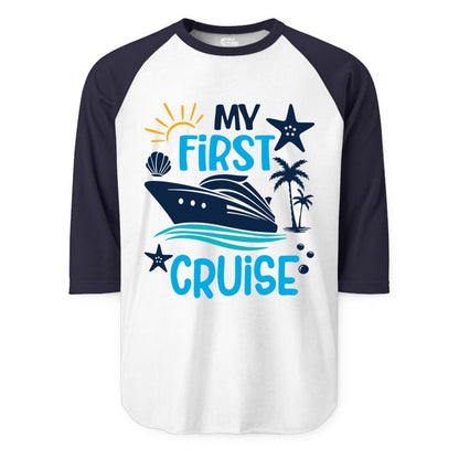 My First Cruise Shirt - Tropical Cruise Vacation Apparel for Families (Raglan) in WhiteNavy - My First Cruise Shirt - Tropical Family Adventure with Playful Icons