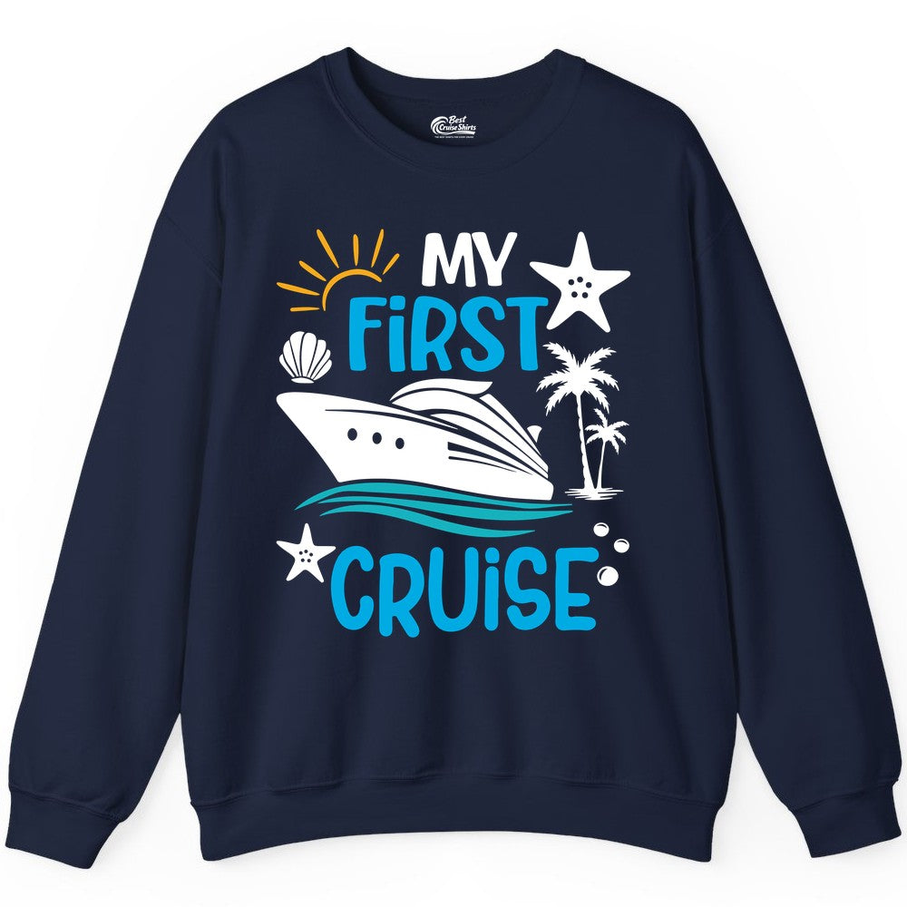My First Cruise Shirt - Tropical Cruise Vacation Apparel for Families (Sweatshirt) in Navy - My First Cruise Shirt - Tropical Family Adventure with Playful Icons