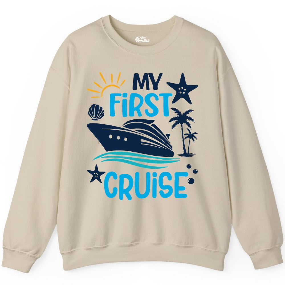 My First Cruise Shirt - Tropical Cruise Vacation Apparel for Families (Sweatshirt) in Sand - My First Cruise Shirt - Tropical Family Adventure with Playful Icons