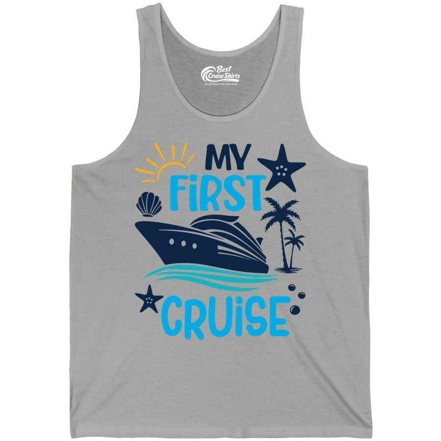 My First Cruise Shirt - Tropical Cruise Vacation Apparel for Families (Tank Top) in Athletic Heather - My First Cruise Shirt - Tropical Family Adventure with Playful Icons