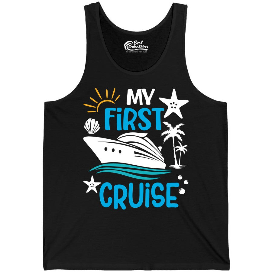 My First Cruise Shirt - Tropical Cruise Vacation Apparel for Families (Tank Top) in Black - My First Cruise Shirt - Tropical Family Adventure with Playful Icons