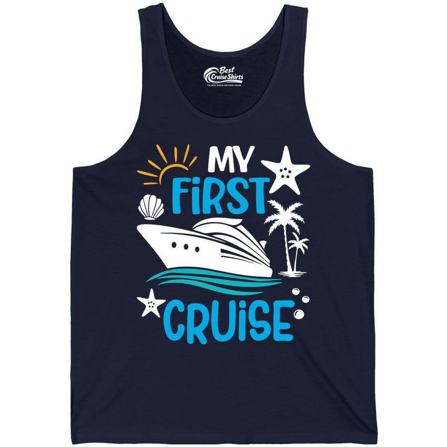 My First Cruise Shirt - Tropical Cruise Vacation Apparel for Families (Tank Top) in Navy - My First Cruise Shirt - Tropical Family Adventure with Playful Icons