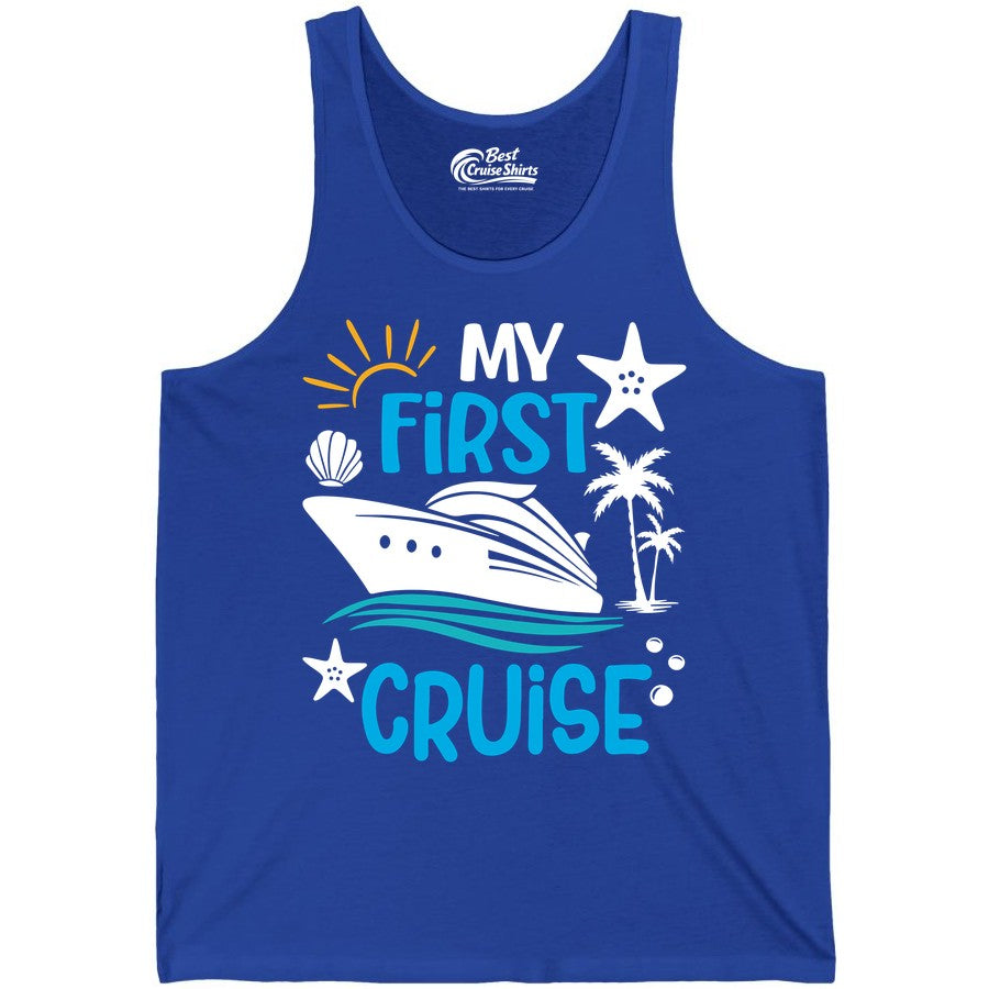 My First Cruise Shirt - Tropical Cruise Vacation Apparel for Families (Tank Top) in True Royal - My First Cruise Shirt - Tropical Family Adventure with Playful Icons