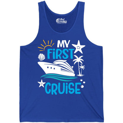 My First Cruise Shirt - Tropical Cruise Vacation Apparel for Families (Tank Top) in True Royal - My First Cruise Shirt - Tropical Family Adventure with Playful Icons