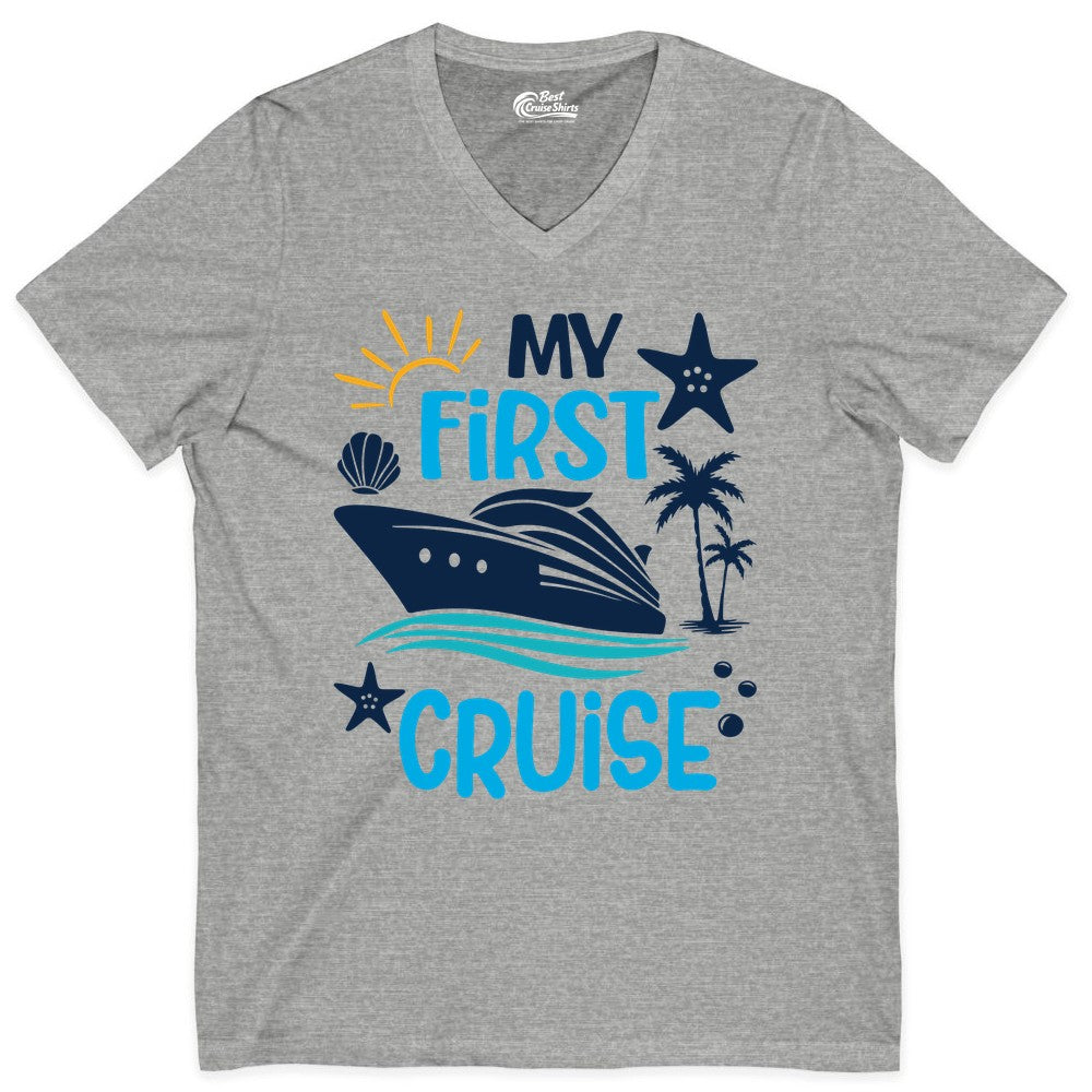 My First Cruise Shirt - Tropical Cruise Vacation Apparel for Families (V-Neck) in Athletic Heather - My First Cruise Shirt - Tropical Family Adventure with Playful Icons
