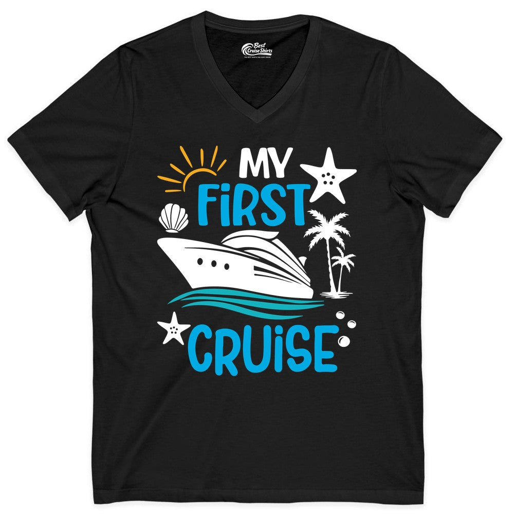 My First Cruise Shirt - Tropical Cruise Vacation Apparel for Families (V-Neck) in Black - My First Cruise Shirt - Tropical Family Adventure with Playful Icons