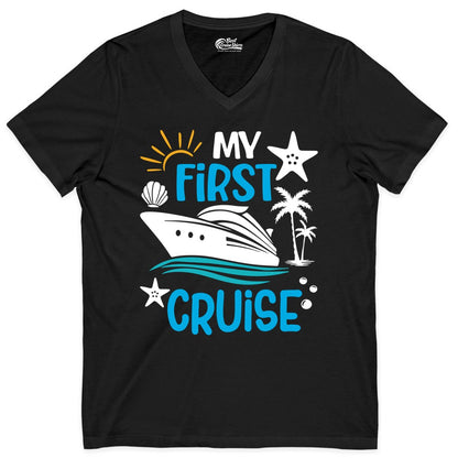 My First Cruise Shirt - Tropical Cruise Vacation Apparel for Families (V-Neck) in Black - My First Cruise Shirt - Tropical Family Adventure with Playful Icons