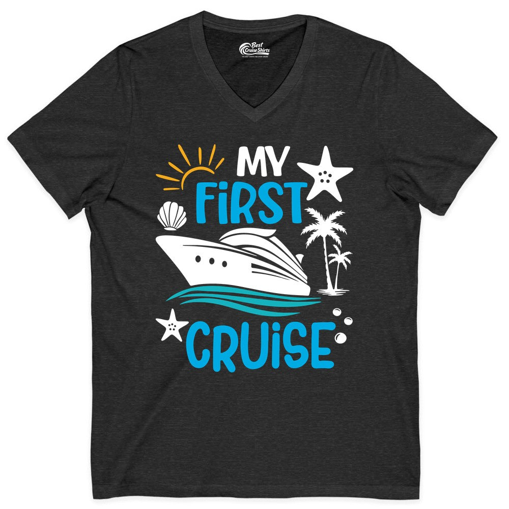 My First Cruise Shirt - Tropical Cruise Vacation Apparel for Families (V-Neck) in Dark Grey Heather - My First Cruise Shirt - Tropical Family Adventure with Playful Icons