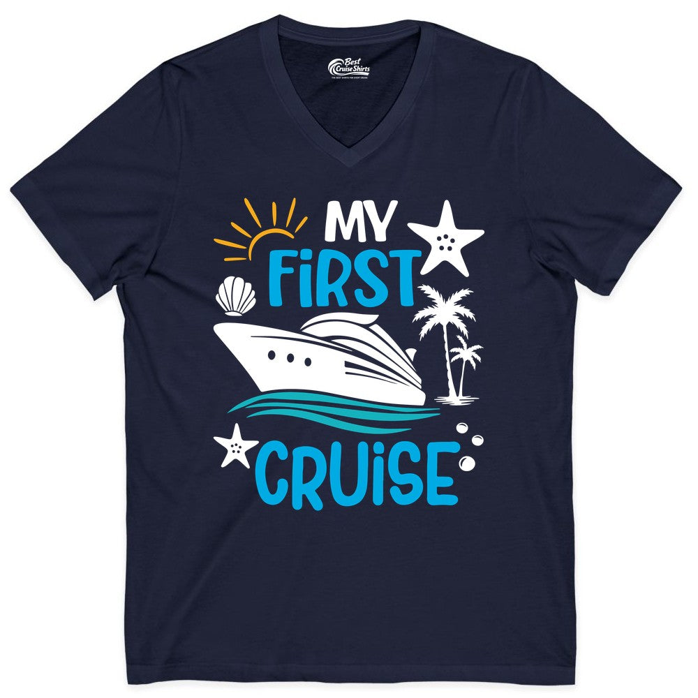 My First Cruise Shirt - Tropical Cruise Vacation Apparel for Families (V-Neck) in Navy - My First Cruise Shirt - Tropical Family Adventure with Playful Icons