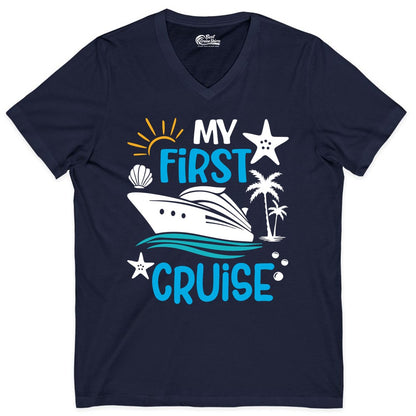 My First Cruise Shirt - Tropical Cruise Vacation Apparel for Families (V-Neck) in Navy - My First Cruise Shirt - Tropical Family Adventure with Playful Icons
