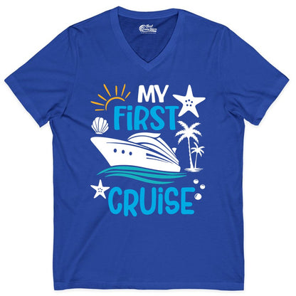 My First Cruise Shirt - Tropical Cruise Vacation Apparel for Families (V-Neck) in True Royal - My First Cruise Shirt - Tropical Family Adventure with Playful Icons