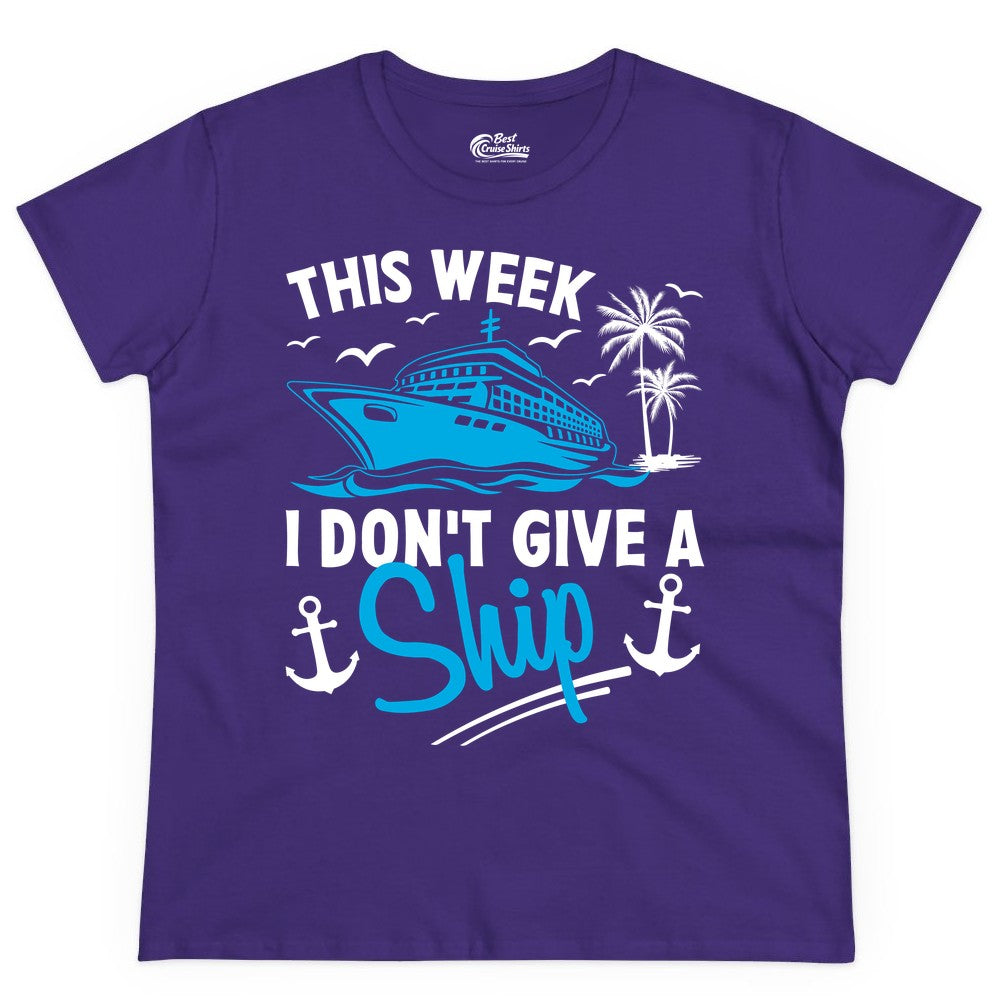 Funny Cruise Shirt - Novelty Cruise Vacation Apparel for Ship Lovers (Ladies Tee) in Purple - This Week I Don't Give A Ship Cruise Humor Tropical Shirt