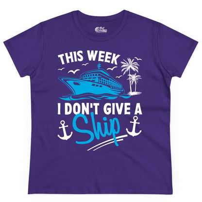 Funny Cruise Shirt - Novelty Cruise Vacation Apparel for Ship Lovers (Ladies Tee) in Purple - This Week I Don't Give A Ship Cruise Humor Tropical Shirt