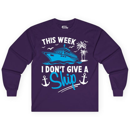Funny Cruise Shirt - Novelty Cruise Vacation Apparel for Ship Lovers (Long Sleeve) in Purple - This Week I Don't Give A Ship Cruise Humor Tropical Shirt