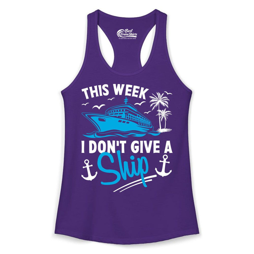 Funny Cruise Shirt - Novelty Cruise Vacation Apparel for Ship Lovers (Ladies Tank) in Solid Purple Rush - This Week I Don't Give A Ship Cruise Humor Tropical Shirt