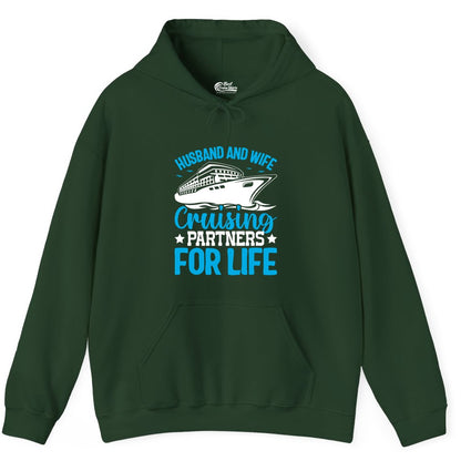 Husband and Wife Cruise Shirt - Romantic Couple Cruise Apparel (Hoodie) in Forest Green - Husband and Wife Cruising Partners for Life Nautical Cruise Shirt