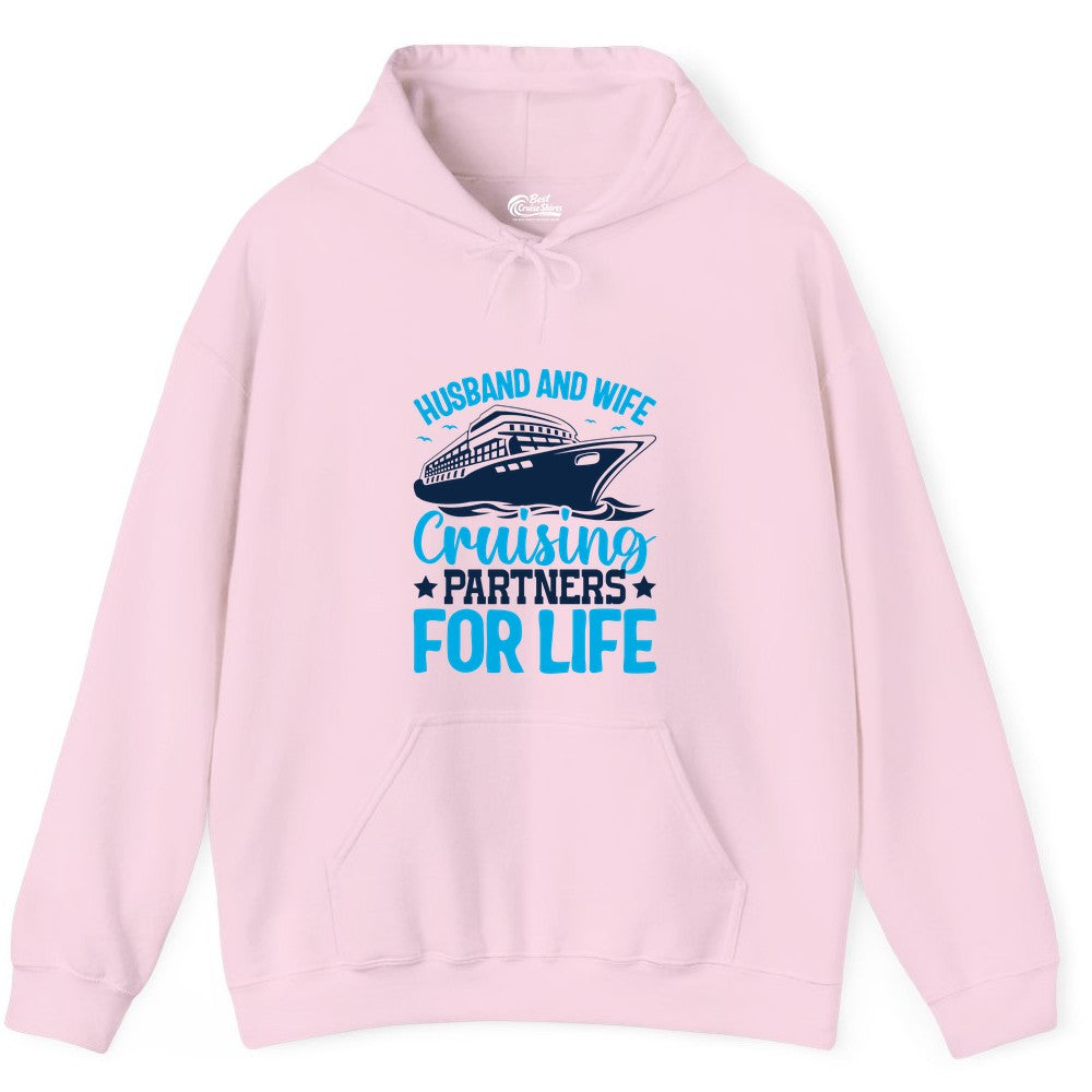 Husband and Wife Cruise Shirt - Romantic Couple Cruise Apparel (Hoodie) in Light Pink - Husband and Wife Cruising Partners for Life Nautical Cruise Shirt